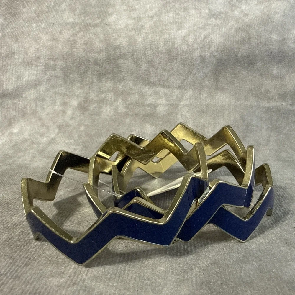 Zigzag Bangle Bracelets Set Of 3 Navy Blue Goldtone